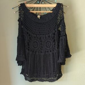 Black Layered Loose Knitted Crochet Boho Beachy Top Festival Grunge Lagenlook